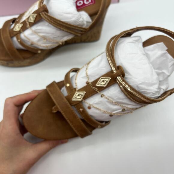 Pop Womens Electricity Wedge Sandals Brown Cognac Size 10M - Picture 4 of 11
